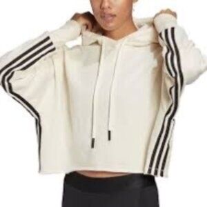 Adidas Hoodie Women's Size XL Cream Color 3-Stripes Cropped Pullover Sweatshirt